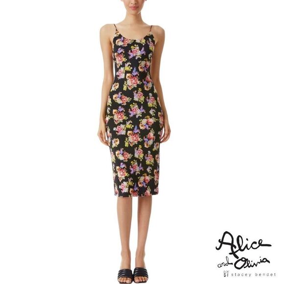 alice + olivia **NWT** Delora Black Magnolia Floral Print Fitted  Midi D… - Picture 2 of 13